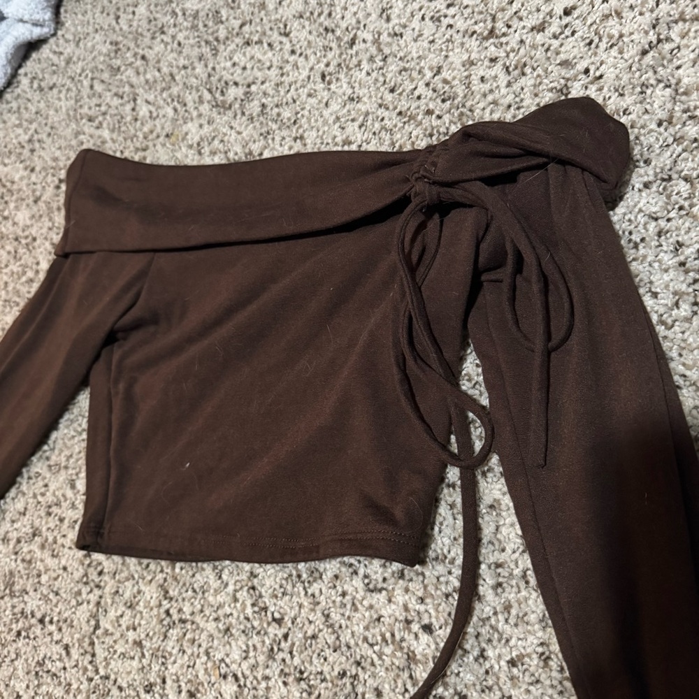 Brown Off-Shoulder Tie Crop Top